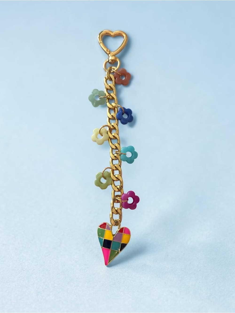 Gold-tone Flower Charm Chain Bagcharm/Keychain with Multicolor Heart